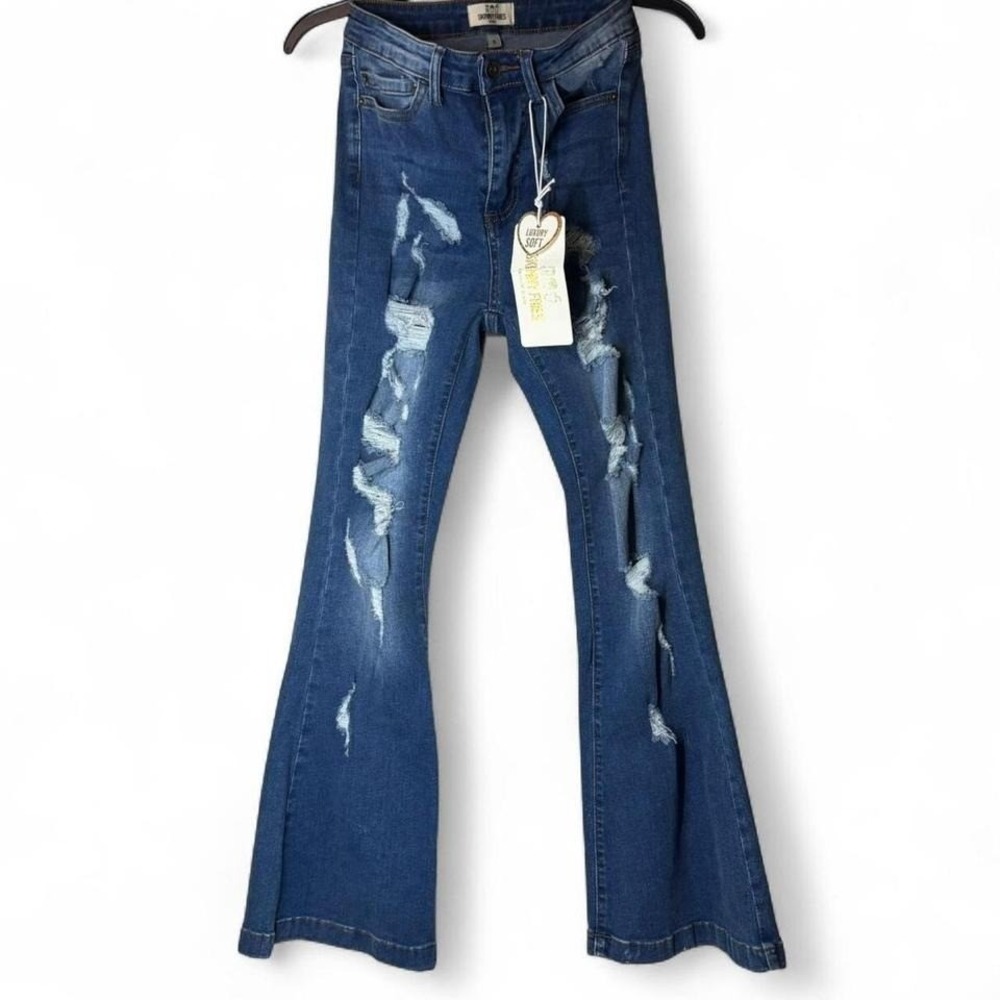 Skinny Fries Denim Bell Bottom Flare Jeans Distressed Ripped Blue Womens 5 NWT